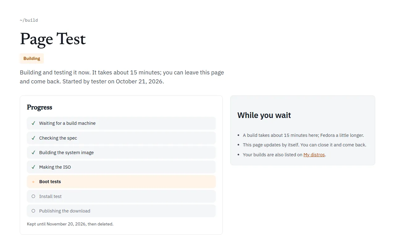 A build page part-way through: the first four steps ticked, Boot tests running, and a While you wait box beside them