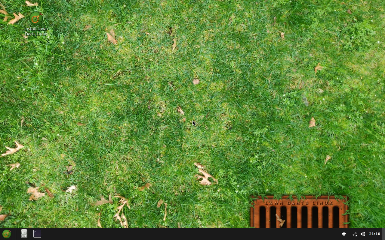 The Lawn Darts Linux desktop on Ubuntu with Cinnamon: the lawn wallpaper, an Install Lawn Darts Linux icon, and the panel with the logo as its menu button