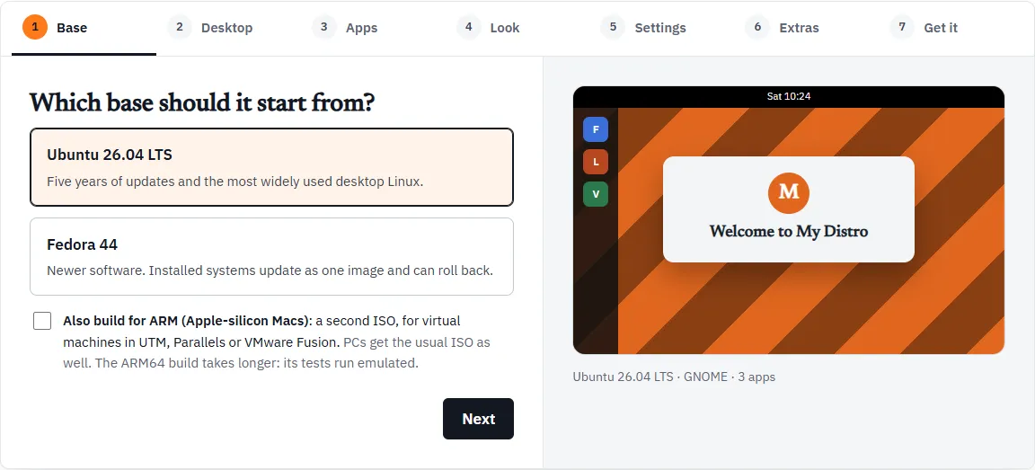The Workshop: the seven steps across the top, the Base step on the left and the live preview of the desktop on the right