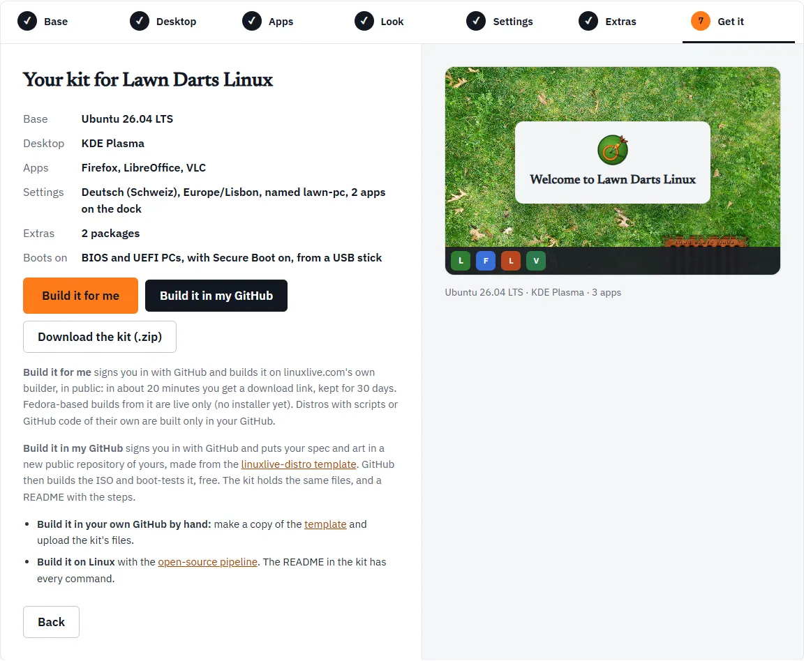 The Get it step: the summary of the distro and the buttons to build it or download the kit