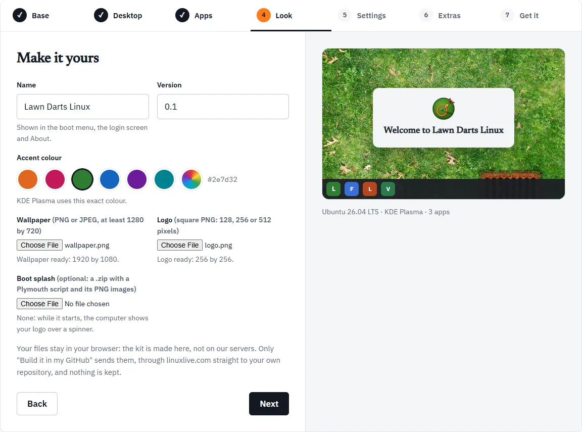 The Look step with the name Lawn Darts Linux, a green accent, and a wallpaper and logo chosen; the preview shows the lawn wallpaper and the logo