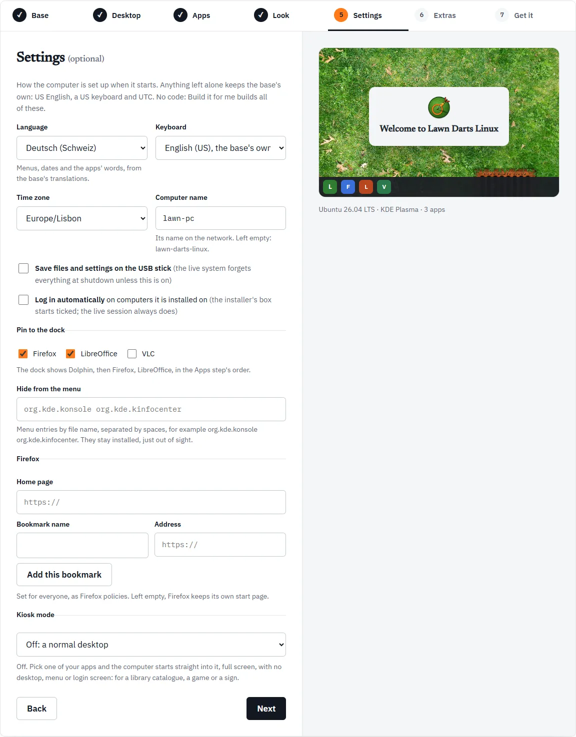 The Settings step with a language, a time zone and a computer name set, and Firefox and LibreOffice ticked under Pin to the dock